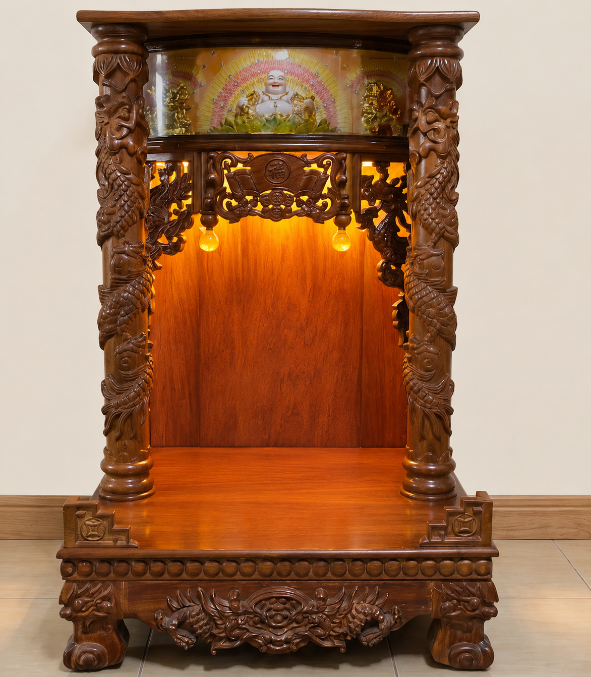 Tủ thờ Thần Tài cột rồng gõ đỏ 56×88