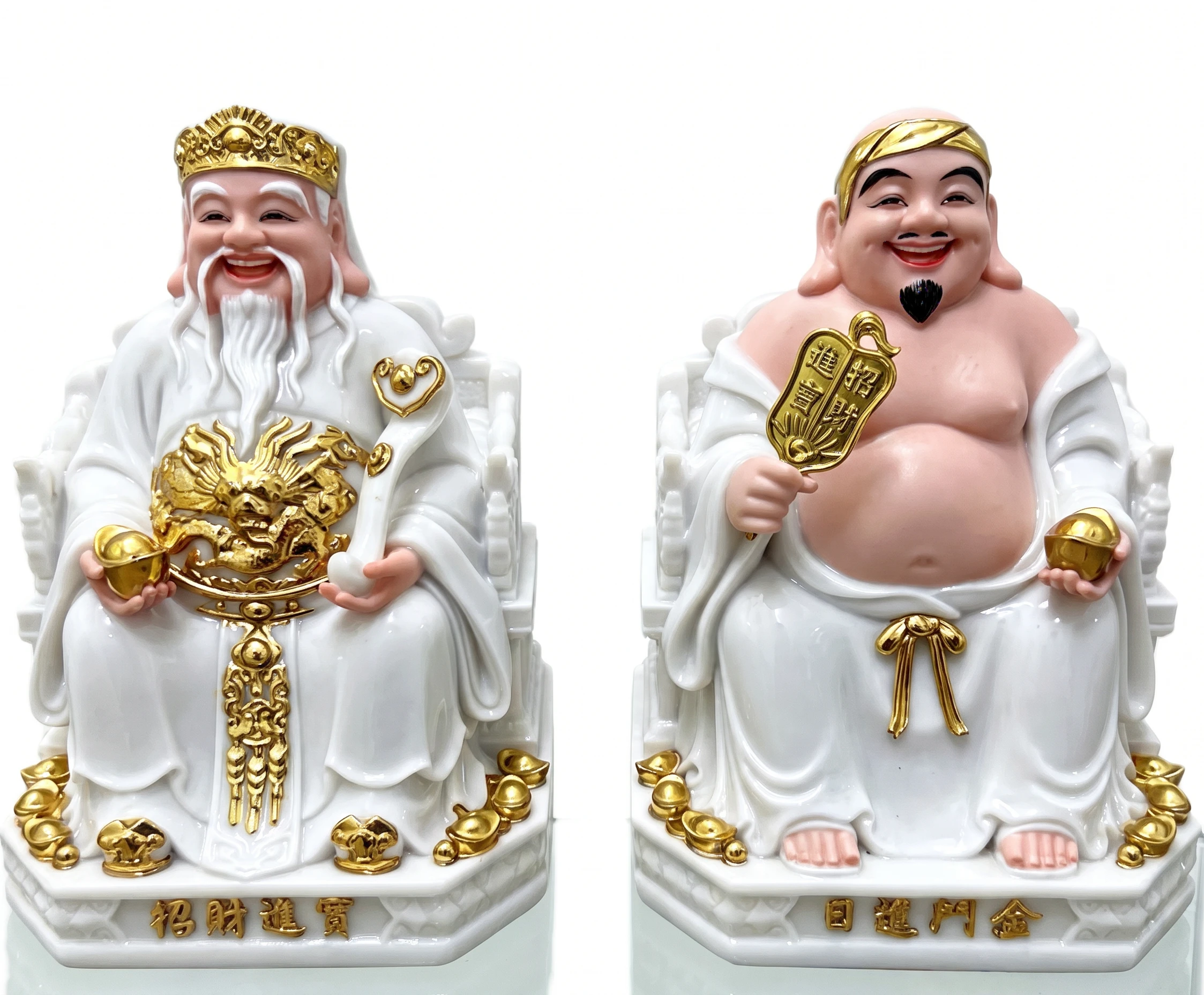Cặp tượng Thần Tài – Ông Địa gốm trắng kim 10" ngồi ngai
