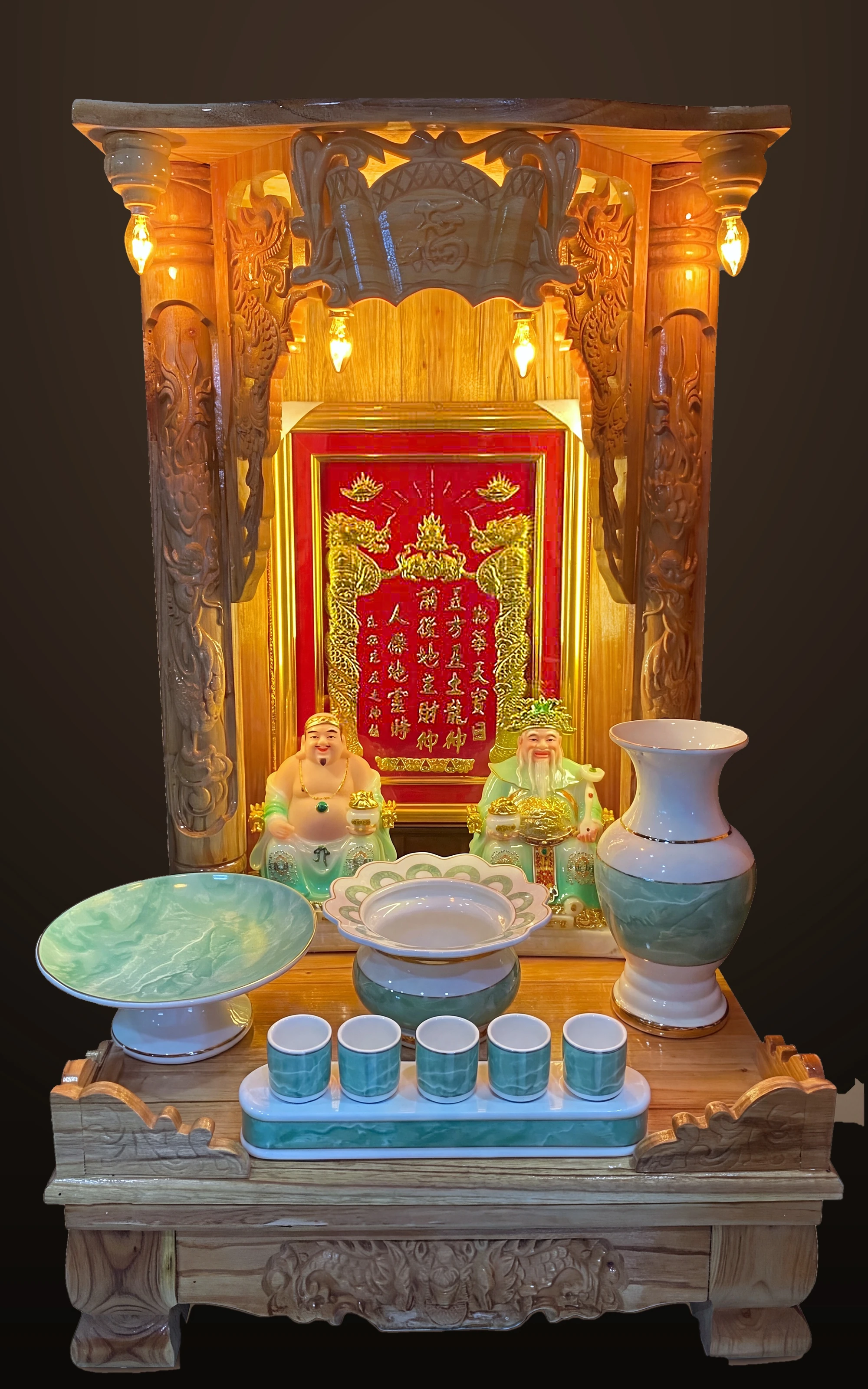 Bộ thờ Thần Tài – Ông Địa Xoan Đào Kỳ Lân (bản ngọc)