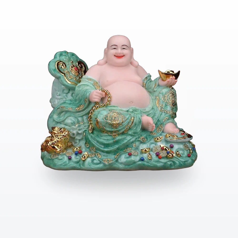 Tượng Di Lặc tựa bao tiền vân ngọc xanh 3410