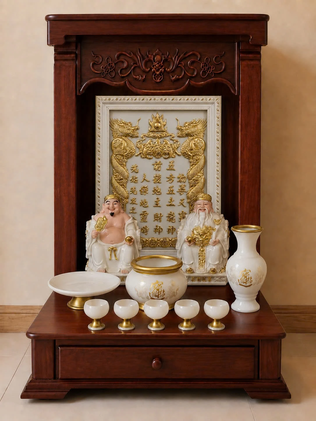 Bộ thờ Thần Tài – Ông Địa Gốm Trắng Kim