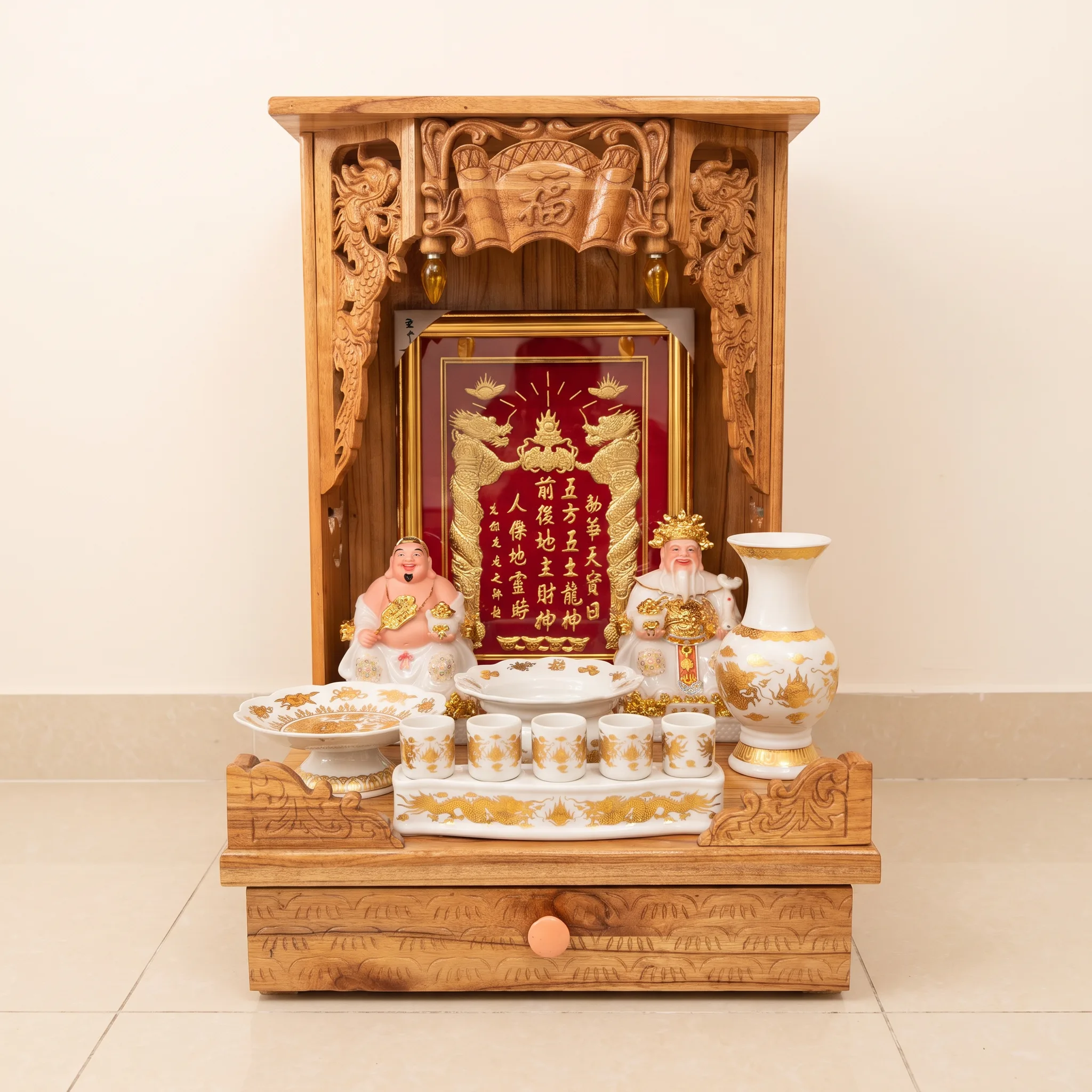 Bộ thờ Thần Tài – Ông Địa Sứ Trắng Viền Vàng