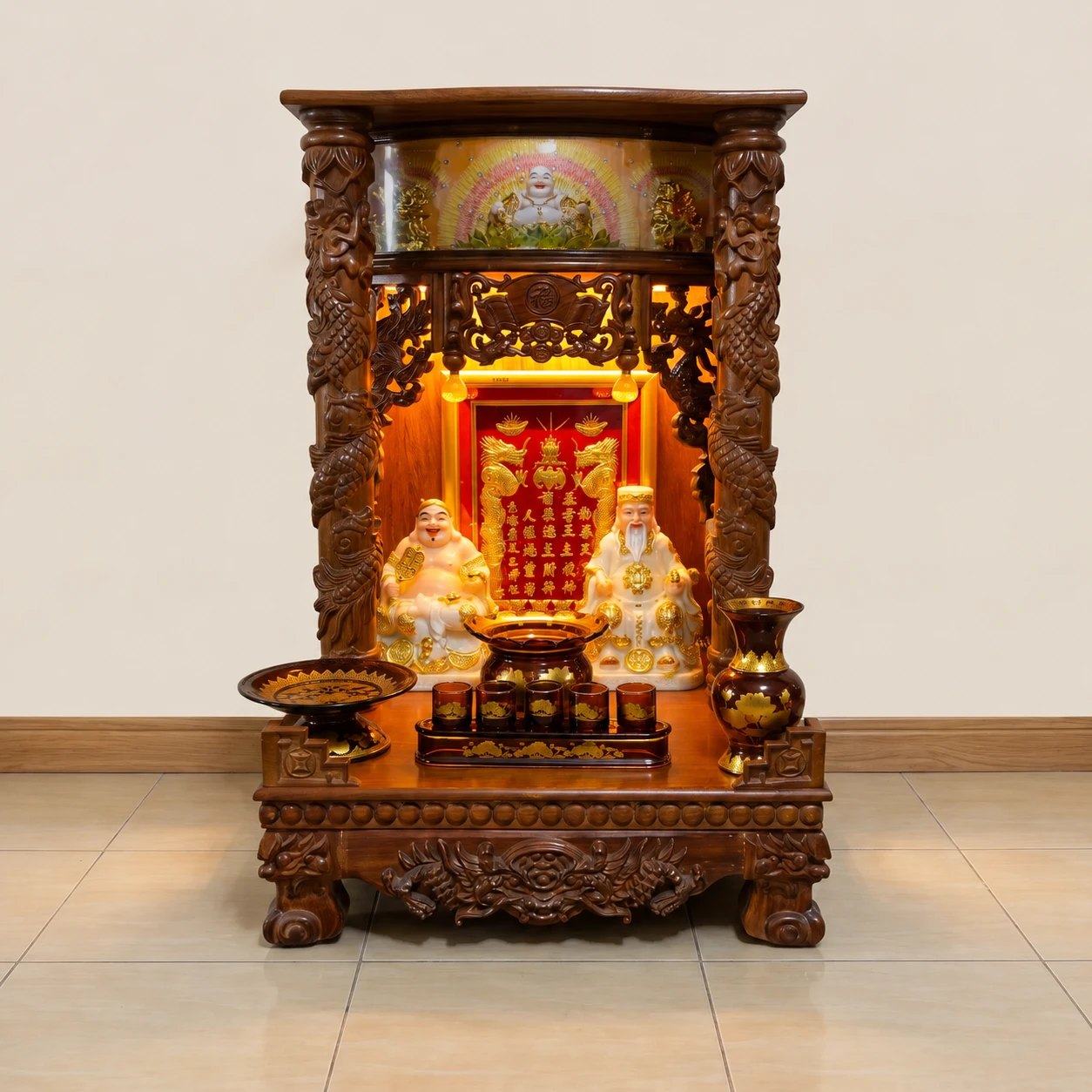 Bộ thờ Thần Tài – Ông Địa Cột Rồng Gõ Đỏ